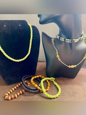 Handmade Lime Green Seed Bead Necklace & Glass Beaded Necklace & Bracelets Set